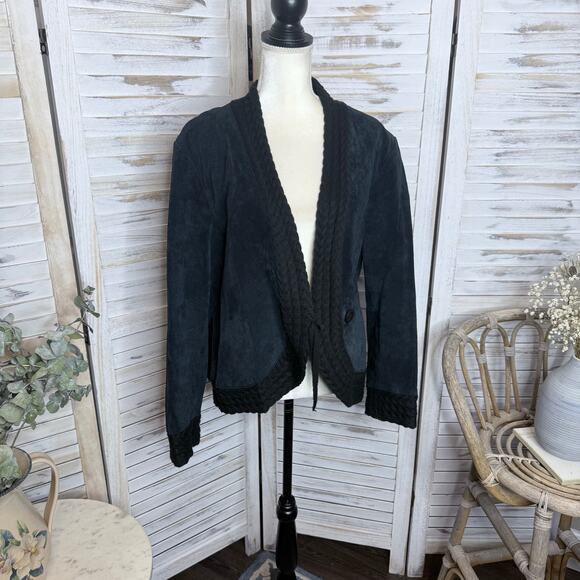COLDWATER CREEK VINTAGE Women's XL Suede Leather Crochet Knit Trim Jacket Black - Picture 4 of 16
